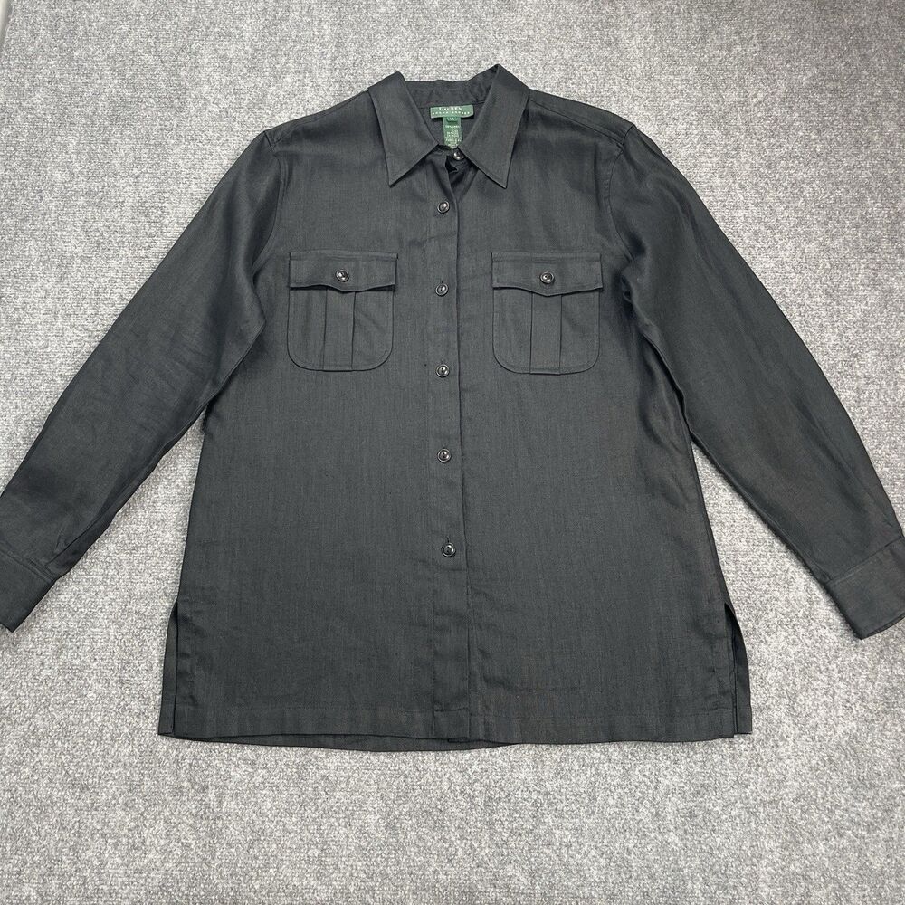 Lauren Ralph Lauren 100% Linen Button Down Shirt Womens Size 14 Pockets Black